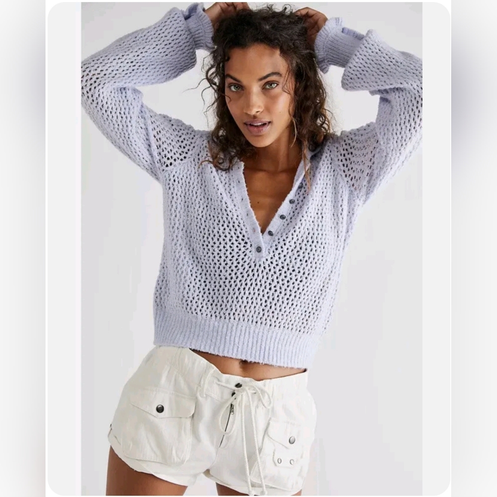 $138 NWT Free People Care FP Snowdrift Pullover / Peri Ice S/L Sweater Cardigan